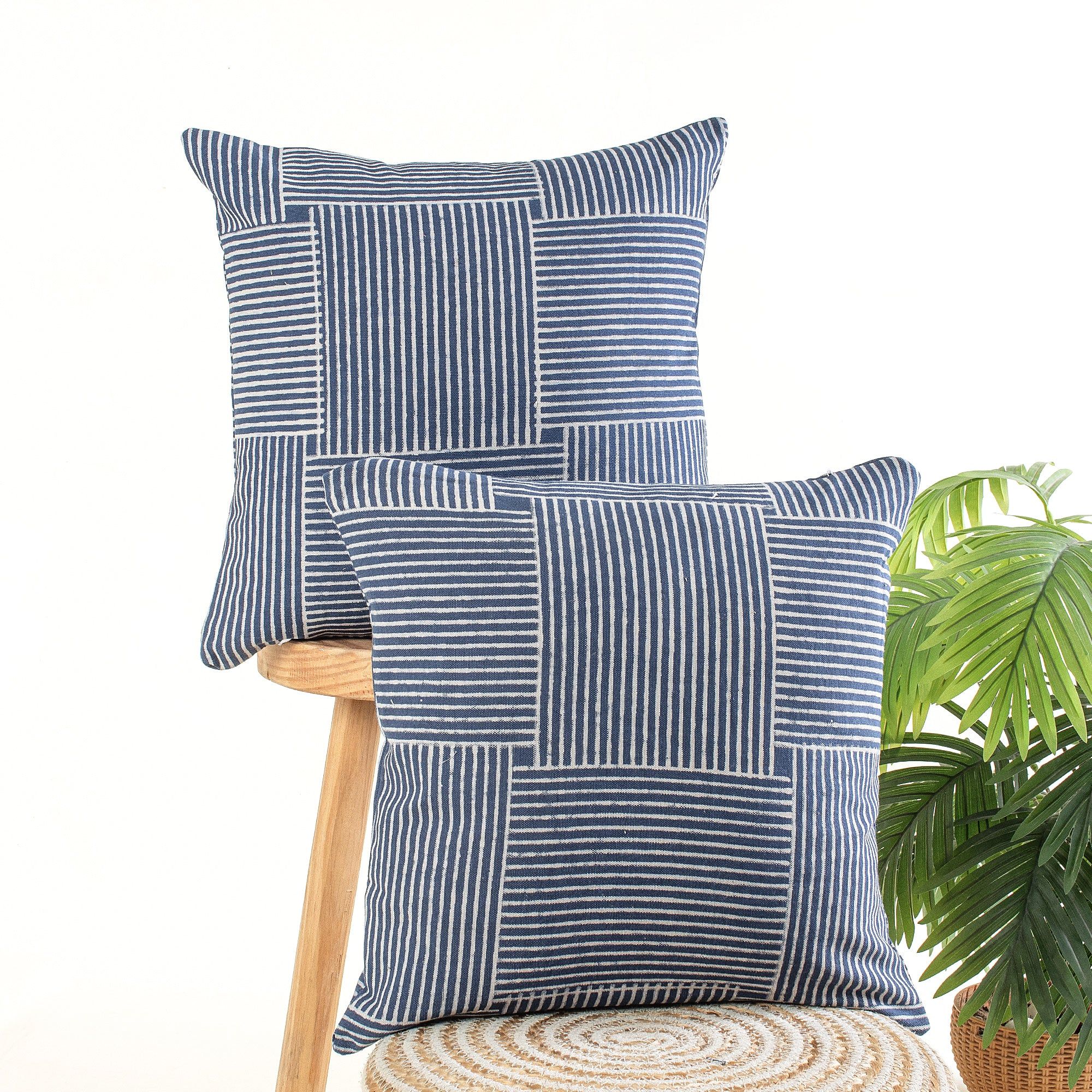 Hand Block Indigo Print Cotton Canvas Cushion Cover